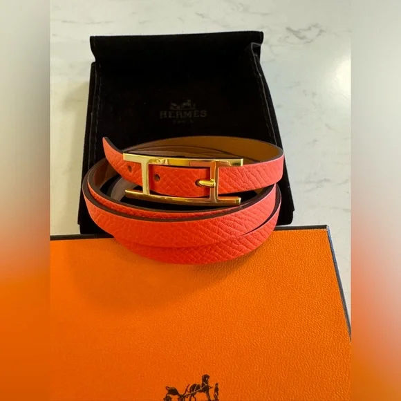 Hermes behapi double tour leather bracelet classic orange gold authentic - Picture 2 of 9